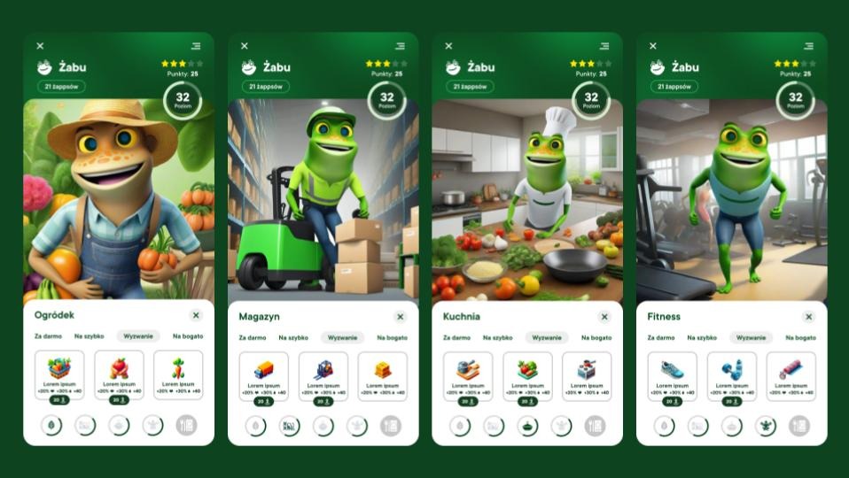 Grafiki aplikacji Żabu: żaba jako rolnik, magazynier, kucharz i sportowiec, z elementami interfejsu użytkownika. Ilustracje w stylu kreskówkowym na zielonym tle.
