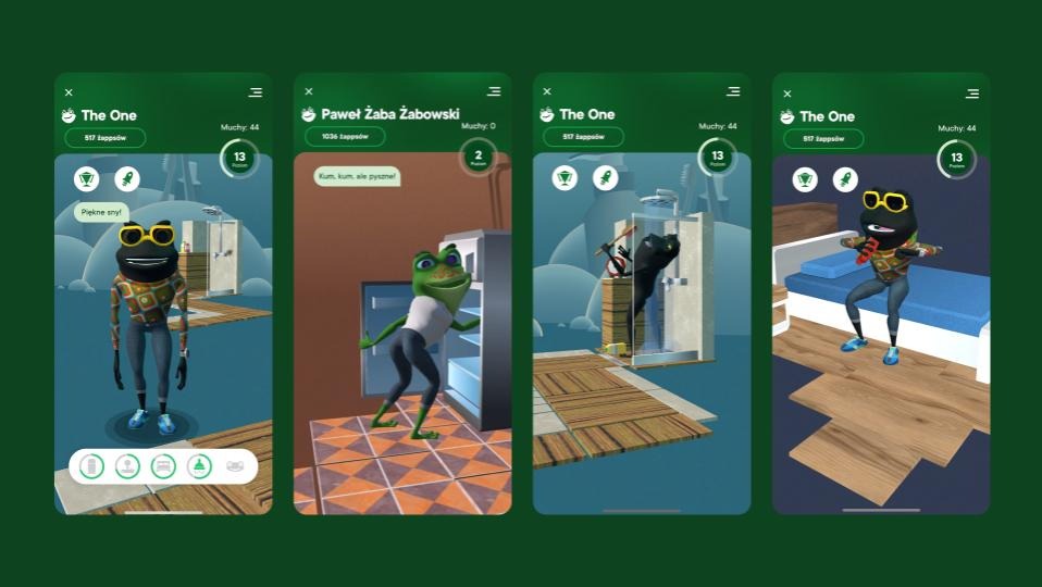 Prezentacja gry mobilnej z żabami w różnych scenach wnętrz, widok z ekranu smartfona, żywe kolory, grafika 3D, interfejs użytkownika, elementy rozgrywki.