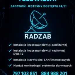 Grafika z neonową anteną satelitarną i tekstem: Nie działa Ci telewizja? Instalacja i naprawa telewizji satelitarnej, naziemnej DVB-T2, sieci LAN, montaż monitoringu.