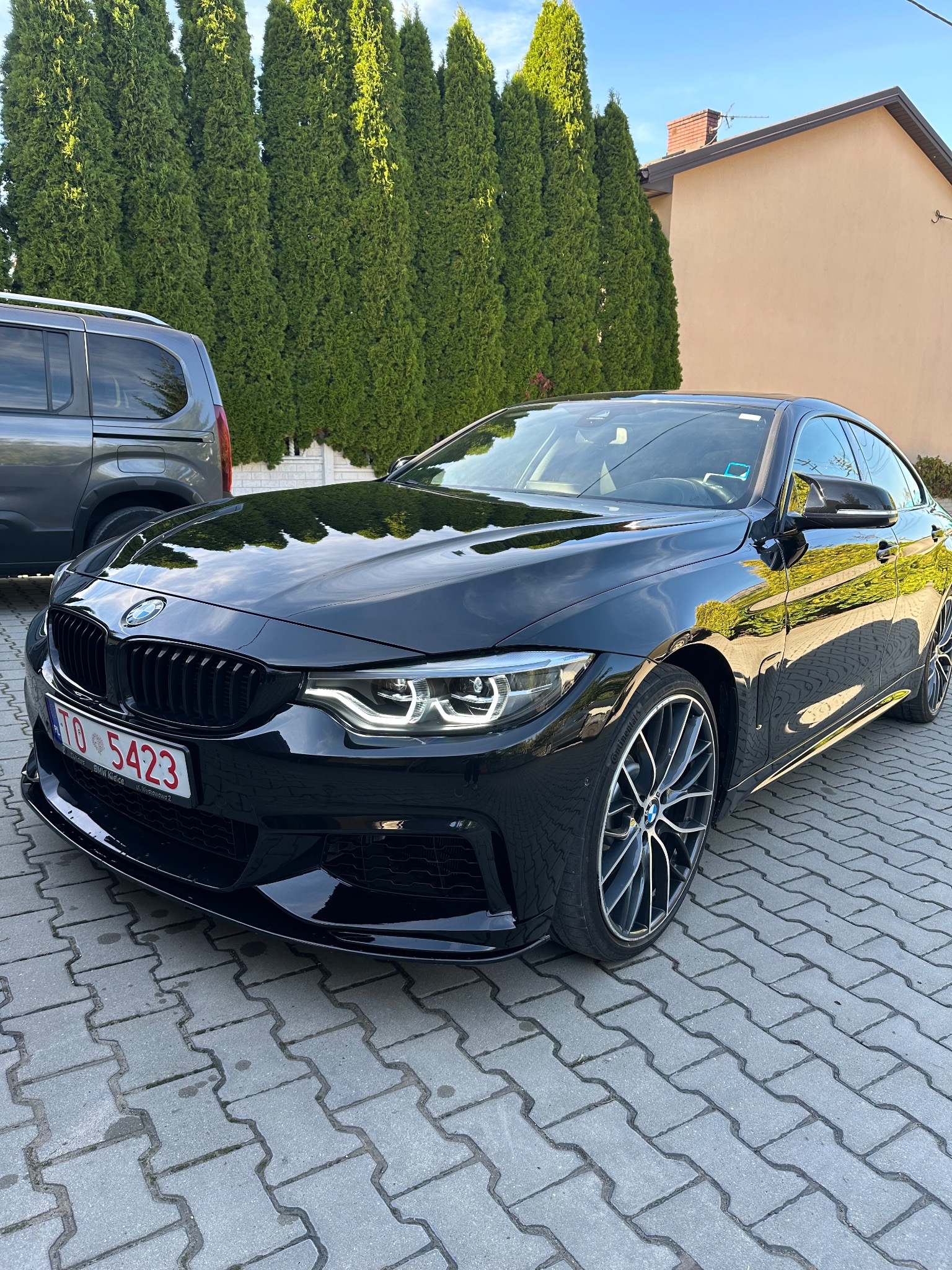 Lśniący, czarny samochód BMW serii 4 Gran Coupe z widoczną tablicą rejestracyjną, zaparkowany na brukowanym podjeździe przed żywopłotem.