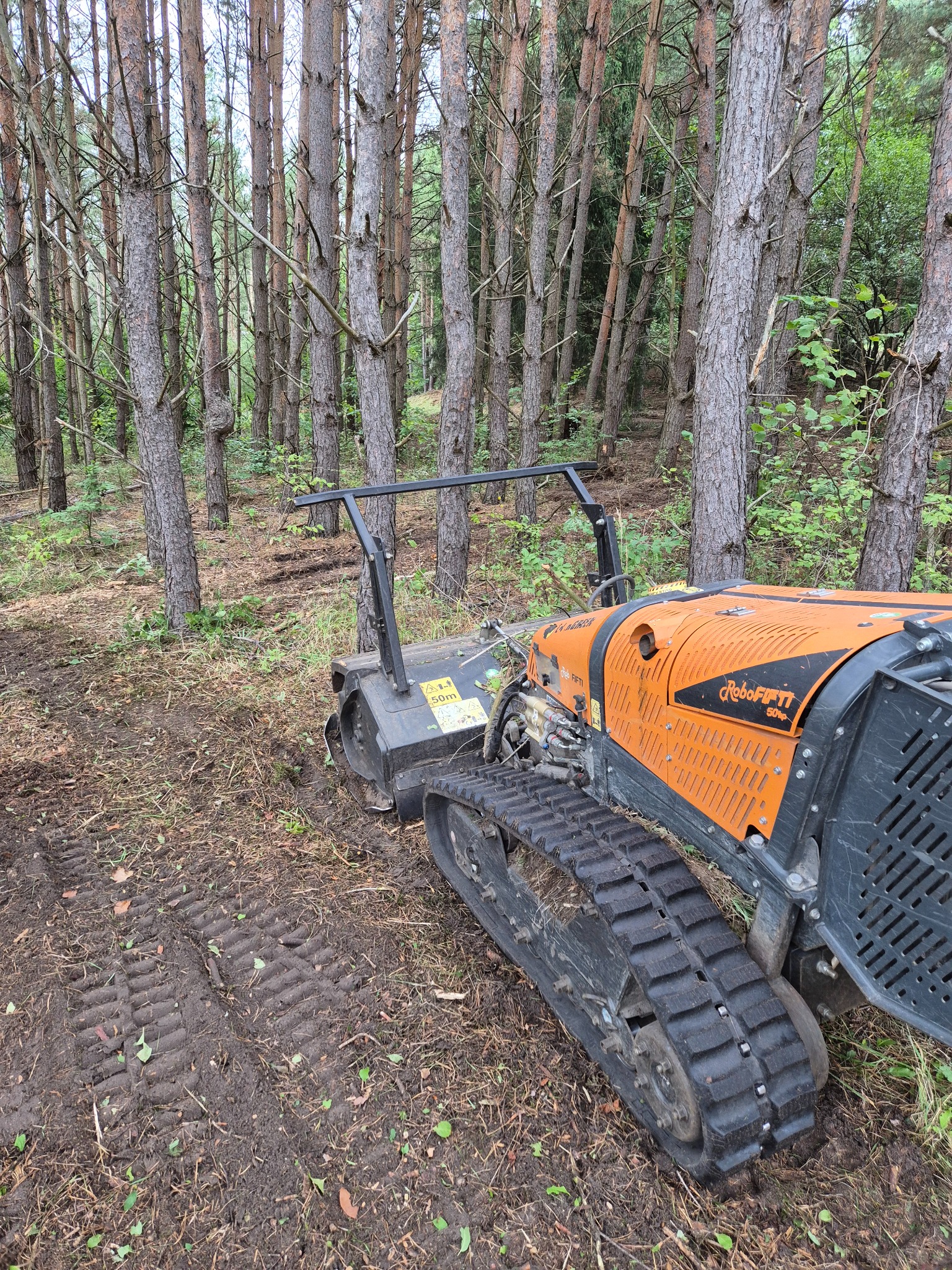 Pomarańczowa frezarka RoboFifti w lesie, widoczne ślady na ściółce po pracy, drzewa w tle. Maszyna gąsienicowa w trakcie pracy.