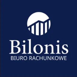 Logo biura rachunkowego Bilonis na granatowym tle. Biały symbol wzrostu w okręgu nad nazwą firmy i dopiskiem 'Biuro Rachunkowe'.