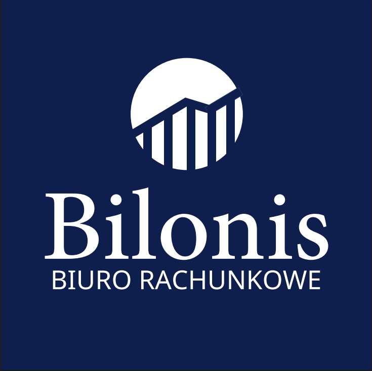 Logo biura rachunkowego Bilonis na granatowym tle. Biały symbol wzrostu w okręgu nad nazwą firmy i dopiskiem 'Biuro Rachunkowe'.