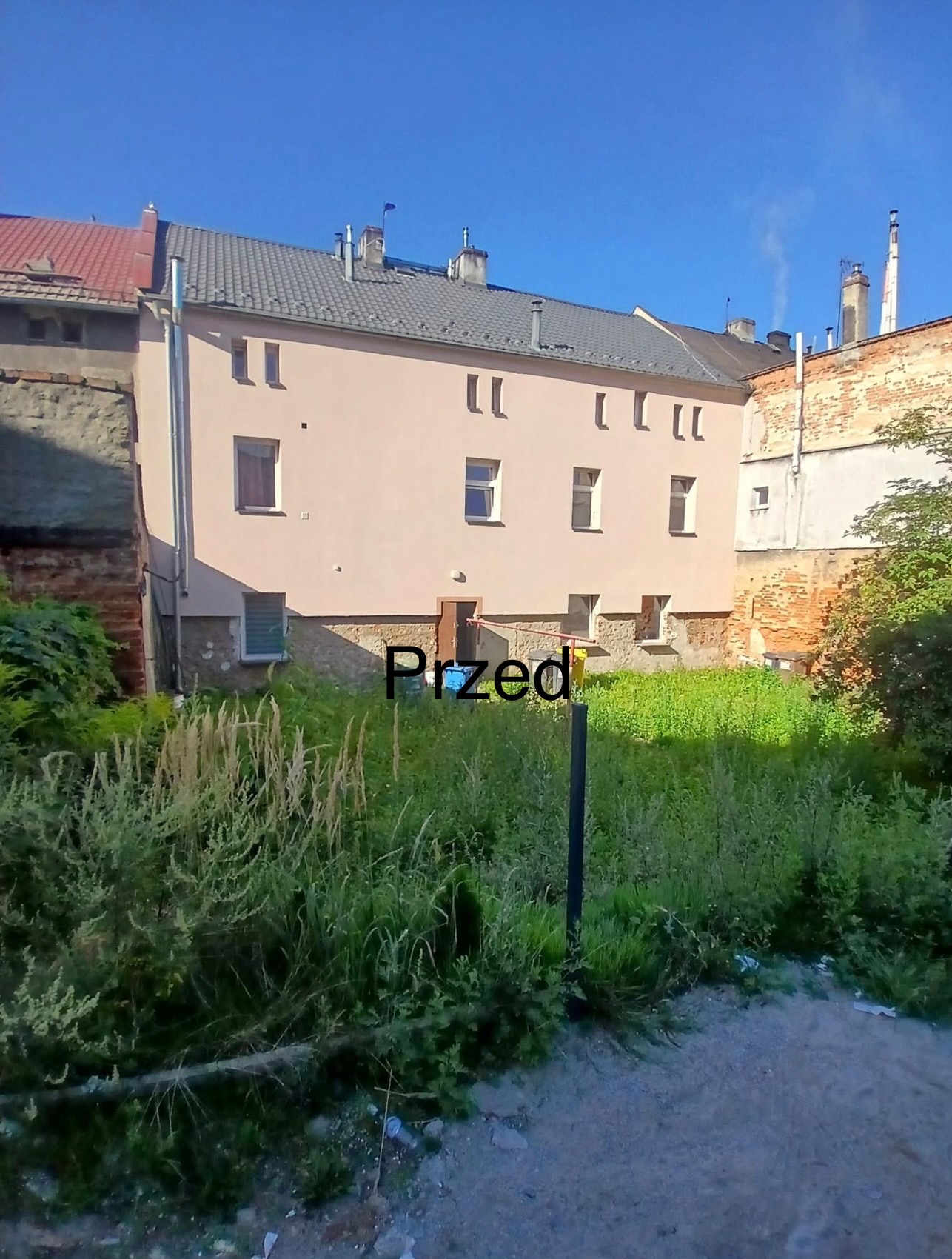 Zarośnięty teren przed budynkiem z odsłoniętymi fundamentami i widocznymi śladami wilgoci. Zdjęcie w słoneczny dzień, z perspektywy lekko z dołu. Widoczny napis 'Przed'.