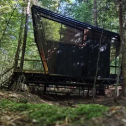 Nowoczesny, czarny domek letniskowy z dużymi oknami, wkomponowany w leśny krajobraz, wsparty na metalowej konstrukcji. Schody prowadzą na taras.