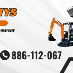 Baner reklamowy firmy Arkop Armatys: roboty ziemne, wykopy, niwelacja terenu, brukarstwo, wyburzenia, transport. Widoczne dwie maszyny budowlane.