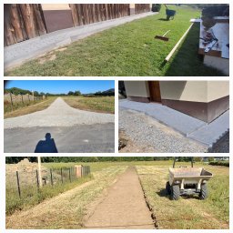 ARKOP - Kompozycja czterech zdjęć: ułożona kostka przy ogrodzeniu, droga z kruszywa, kostka przy wejściu do budynku, przygotowany teren pod drogę z wózkiem.
