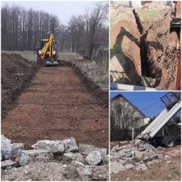 ARKOP - Kompozycja zdjęć: równanie terenu koparką, wykop pod fundament z cieniem koparki, gruz wysypywany z wywrotki. Prace ziemne w toku.