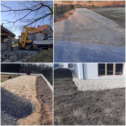 ARKOP - Cztery kadry z prac ziemnych: wyburzanie, utwardzanie drogi, przygotowanie terenu pod nasadzenia i montaż ogrodzenia panelowego. Widoczny sprzęt budowlany.