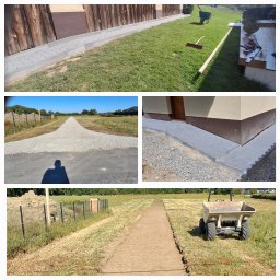 ARKOP - Kompozycja zdjęć prezentuje etapy prac ziemnych: ułożony chodnik z kostki, utwardzoną drogę z kruszywa i przygotowany teren pod ścieżkę z taczką. Różne ujęcia i perspektywy.