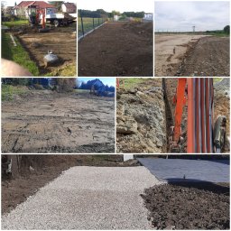 ARKOP - Kompozycja zdjęć z różnych etapów prac ziemnych: niwelacja terenu, wykopy, przygotowanie podłoża z użyciem kruszywa i geowłókniny, montaż ogrodzenia panelowego.