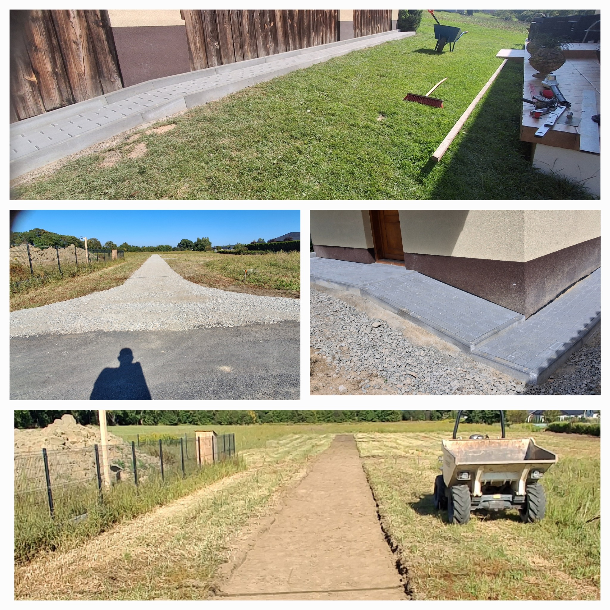 Kompozycja zdjęć prezentuje etapy prac ziemnych: ułożony chodnik z kostki, utwardzoną drogę z kruszywa i przygotowany teren pod ścieżkę z taczką. Różne ujęcia i perspektywy.