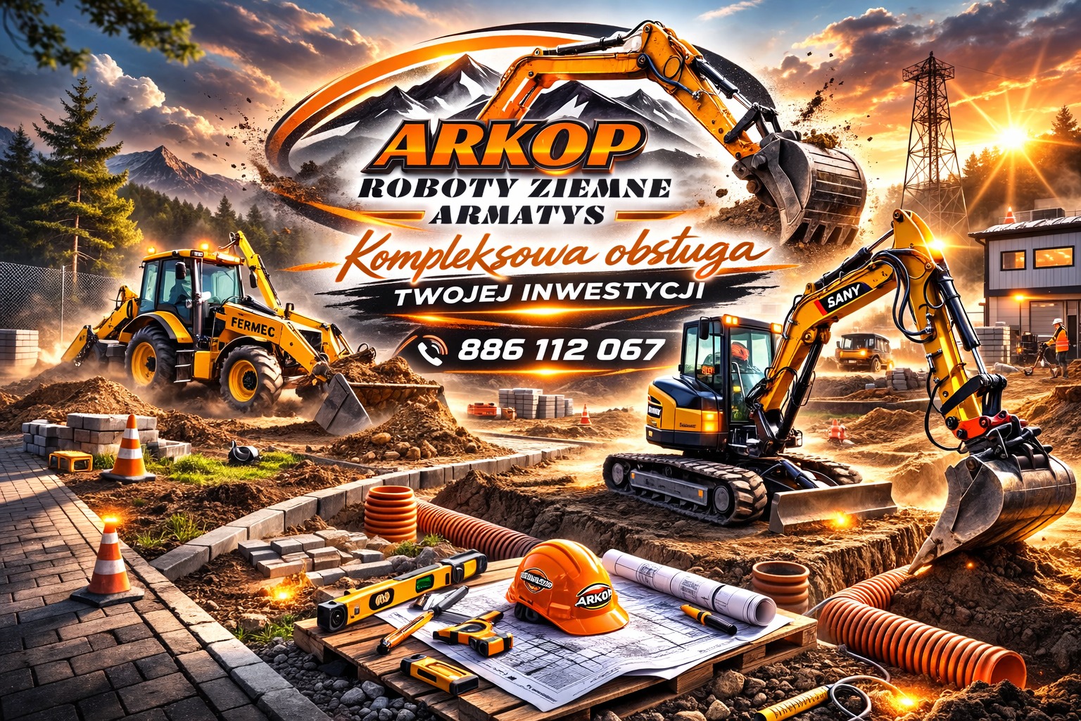 Żółte maszyny budowlane na placu budowy, w tle góry i budynek. Na pierwszym planie kask, poziomica i plany. Całość w ciepłej tonacji.