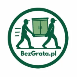 Grafika: Dwóch zielonych ludzików niesie szafę w okręgu z napisem BezGrata.pl. Symbolizuje usługi transportowe lub opróżnianie mieszkań.