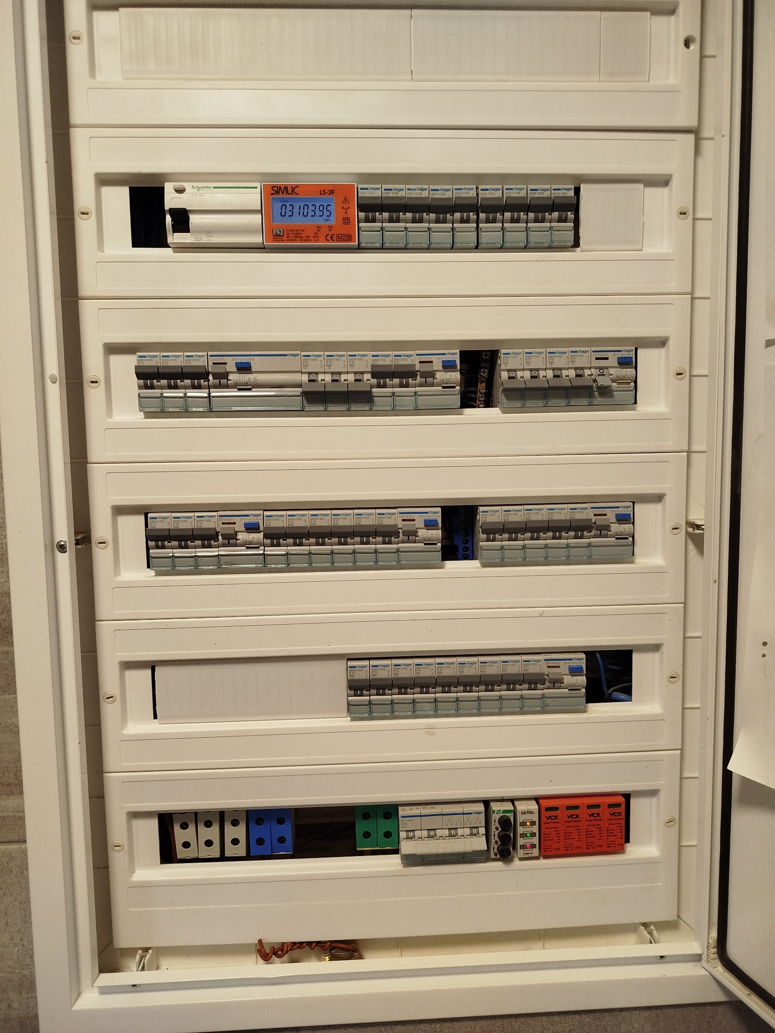 Rozdzielnica elektryczna z zamontowanymi bezpiecznikami, licznikiem energii i zabezpieczeniami przepięciowymi, widok z bliska na białą obudowę z elementami Hager i Schneider.