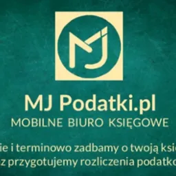 Logo firmy MJ Podatki.pl, mobilnego biura księgowego, na zielonym tle. Tekst: Rzetelnie i terminowo zadbamy o Twoją księgowość oraz przygotujemy rozliczenia podatkowe.