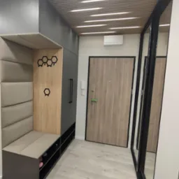 Nowoczesny przedpok&oacute;j z siedziskiem, szafą w zabudowie i lustrem. Elementy drewniane z heksagonalnymi wieszakami, oświetlenie sufitowe. Minimalistyczny design.