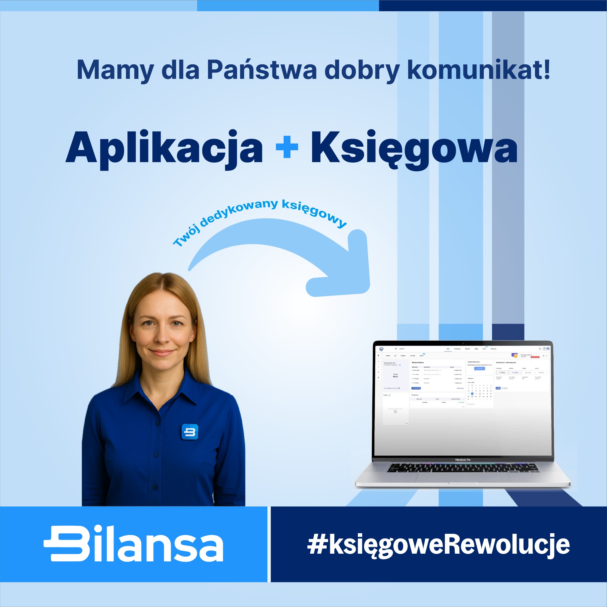 Kobieta w niebieskiej koszuli prezentuje aplikację księgową na laptopie, z hasłem 'Aplikacja + Księgowa' i logo firmy Bilansa. #księgoweRewolucje.