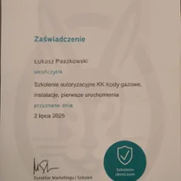 Zaświadczenie ukończenia szkolenia autoryzacyjnego KK Kotły gazowe, instalacje, pierwsze uruchomienia marki Vaillant, przyznane dnia 2 lipca 2025.