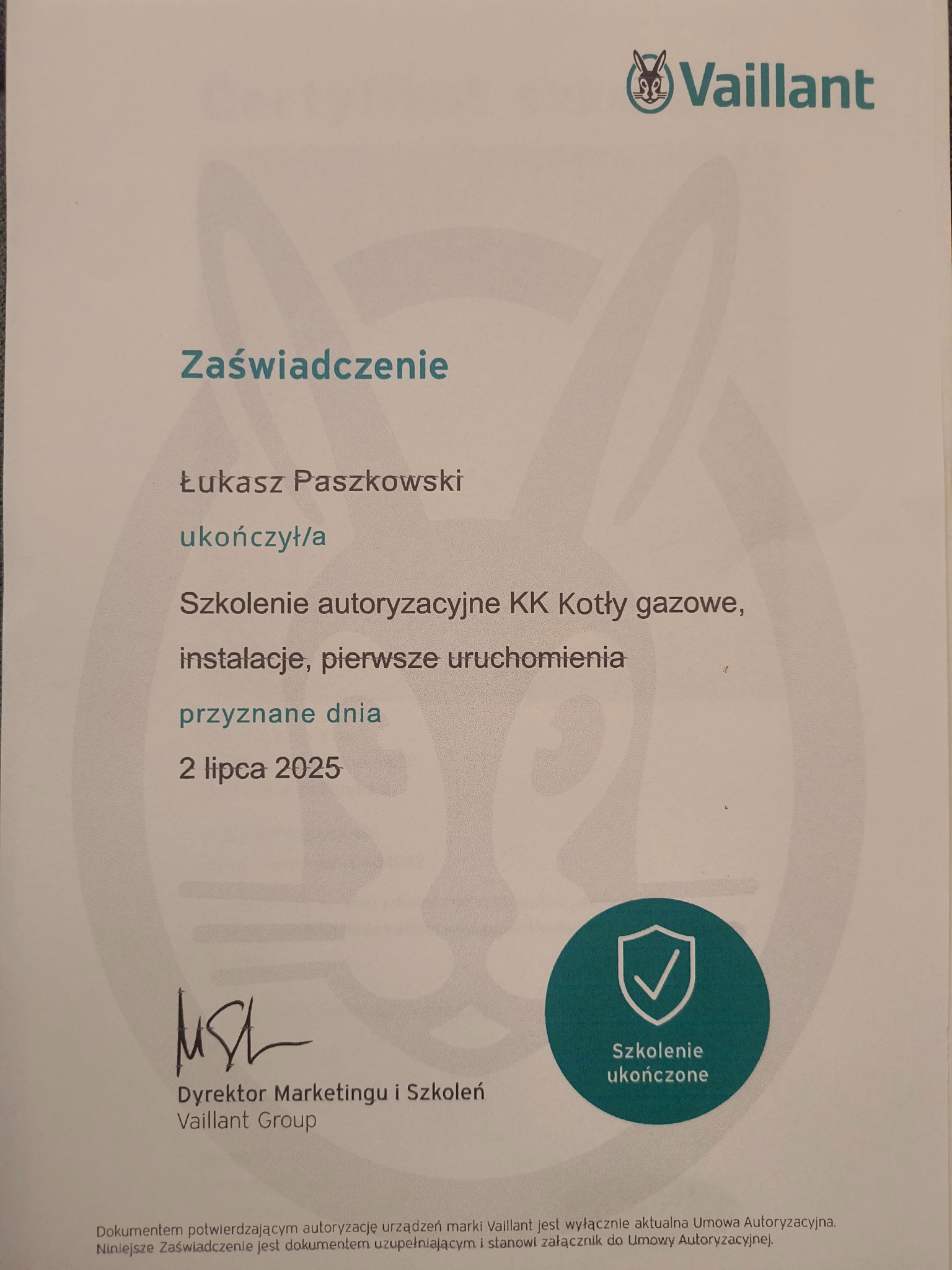 Zaświadczenie ukończenia szkolenia autoryzacyjnego KK Kotły gazowe, instalacje, pierwsze uruchomienia marki Vaillant, przyznane dnia 2 lipca 2025.