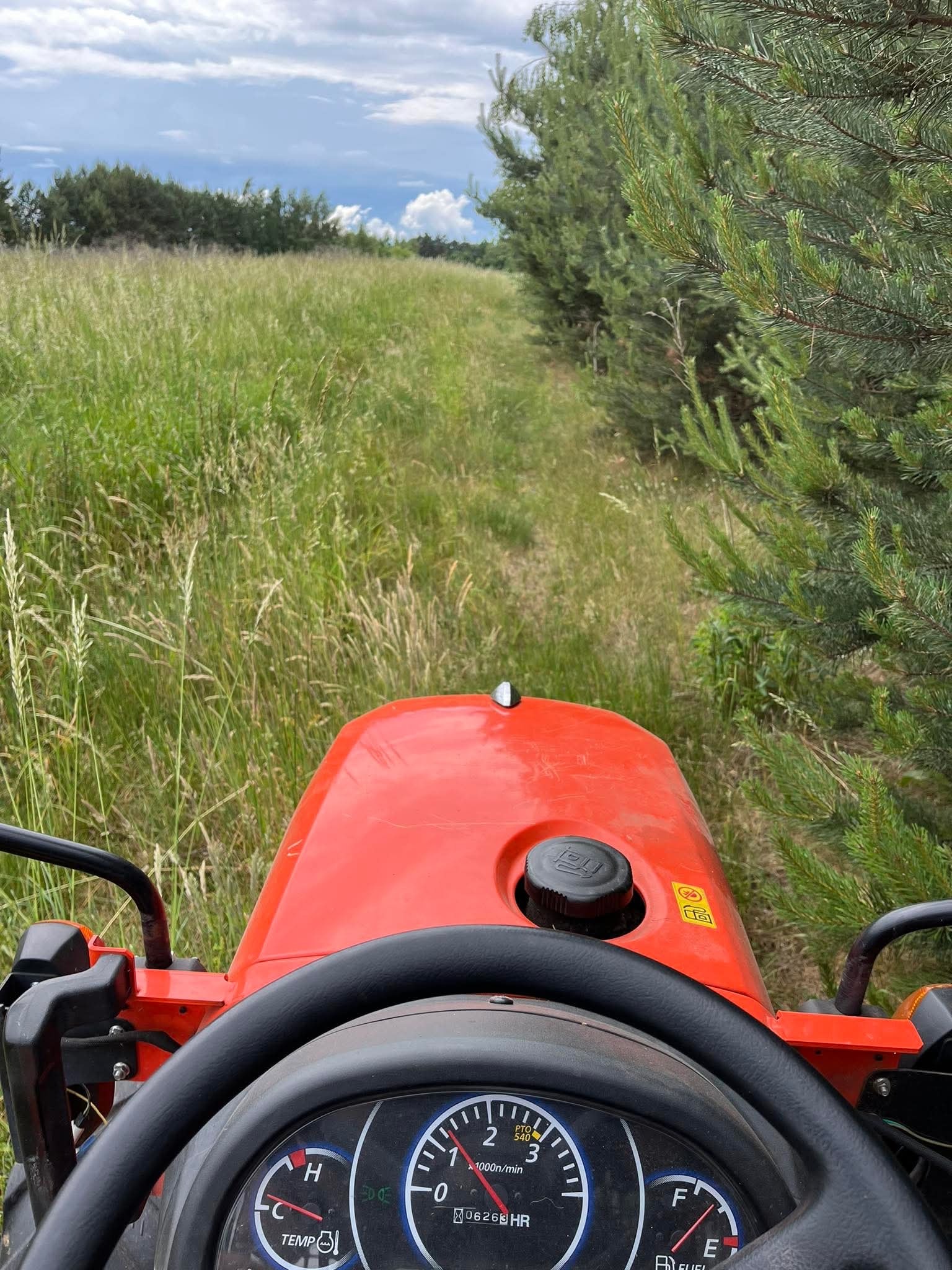 Widok z perspektywy operatora na czerwony traktor koszący wysoką trawę na polu. W tle widoczne drzewa i pochmurne niebo.