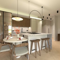 KRU Interiors - Elegancka kuchnia z wyspą, okrągłym stołem i drewnianymi krzesłami. W tle przeszklona szafa z dekoracyjną zastawą. Parkiet w jodełkę i nowoczesne oświetlenie.