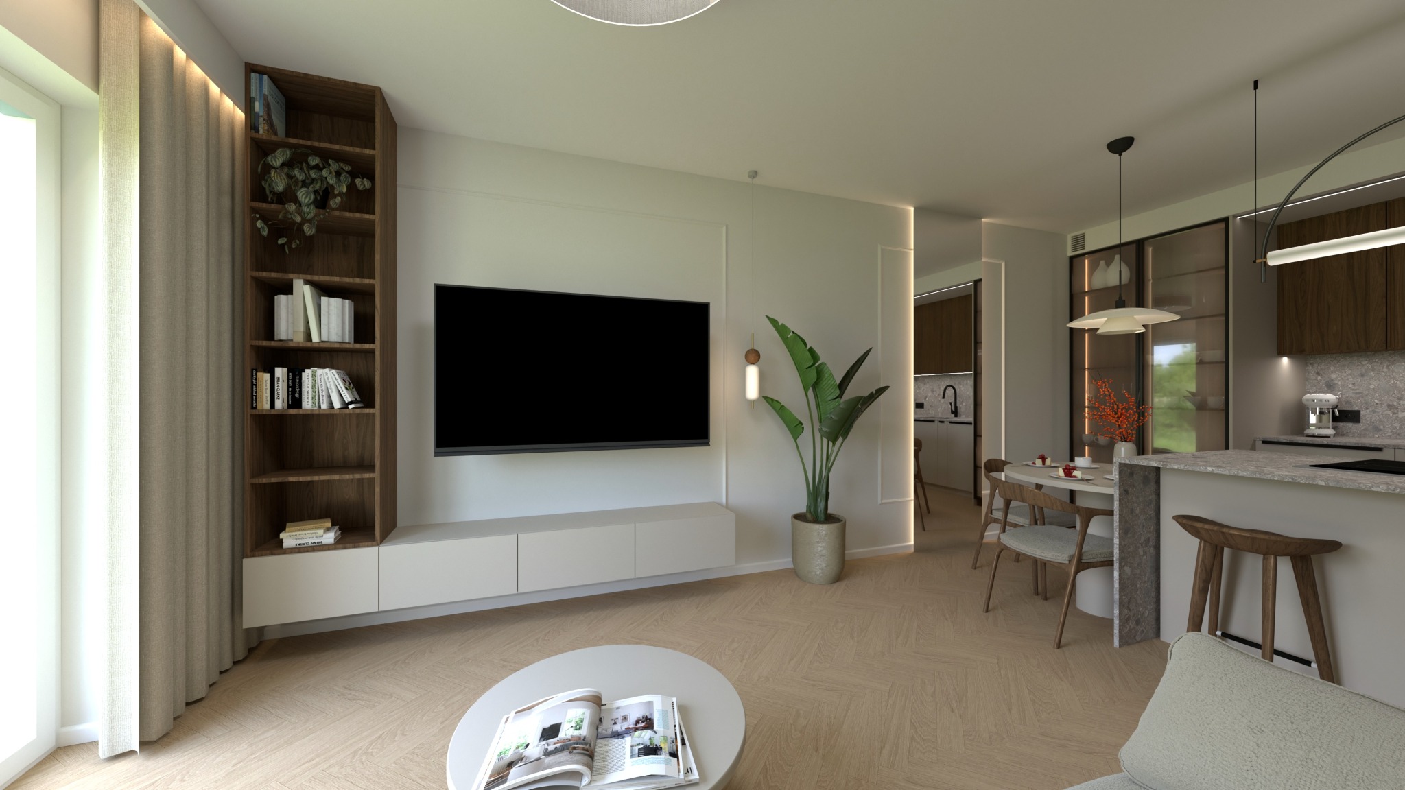 Salon z telewizorem, regałem na książki i rośliną doniczkową. W tle widoczna kuchnia z barkiem i krzesłami. Nowoczesne oświetlenie i parkiet w jodełkę.