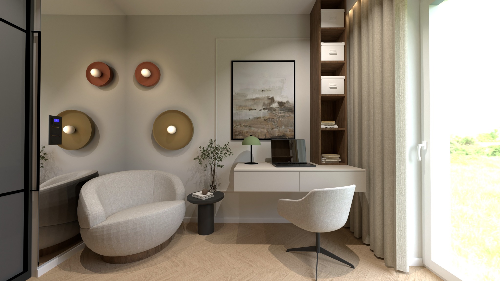 Neutralna aranżacja domowego biura: kremowy fotel, biurko z laptopem, okrągłe lampy ścienne i abstrakcyjny obraz, uzupełnione o drewniany regał i zasłony.