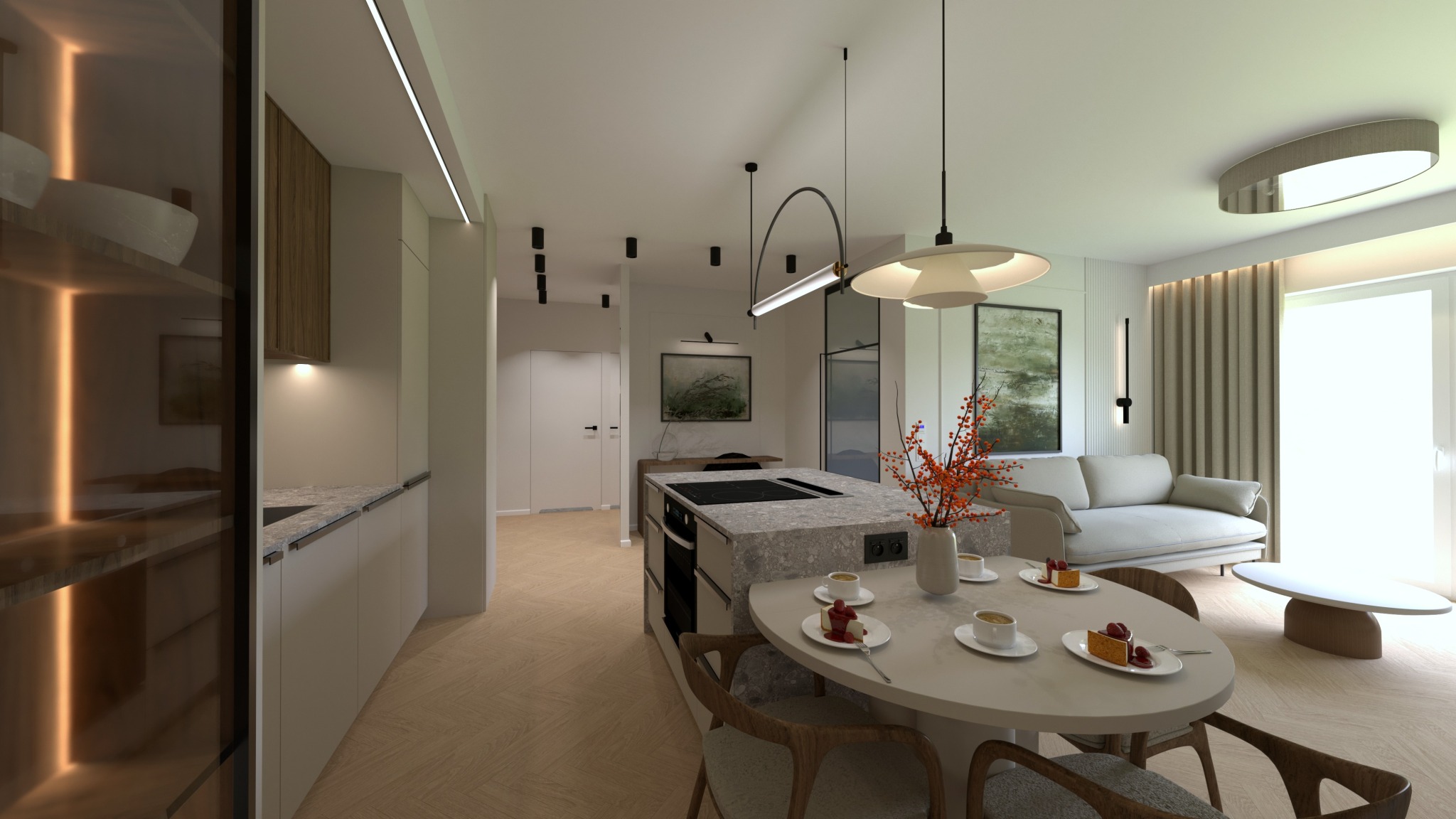Nowoczesne, jasne wnętrze: kuchnia z wyspą i jadalnią, minimalistyczny salon w tle. Aranżacja z dbałością o detale, oświetlenie punktowe i naturalne światło.