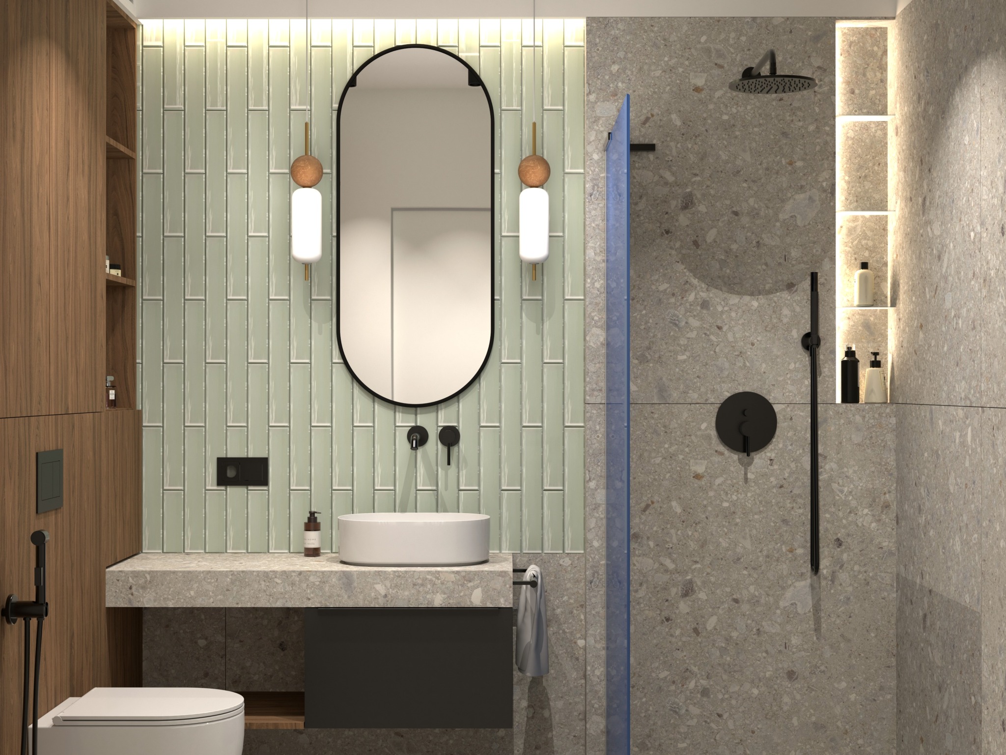 Nowoczesna łazienka z owalnym lustrem, zielonymi płytkami i deszczownicą. Umywalka nablatowa, drewniana szafka i oświetlenie LED tworzą spójną całość.