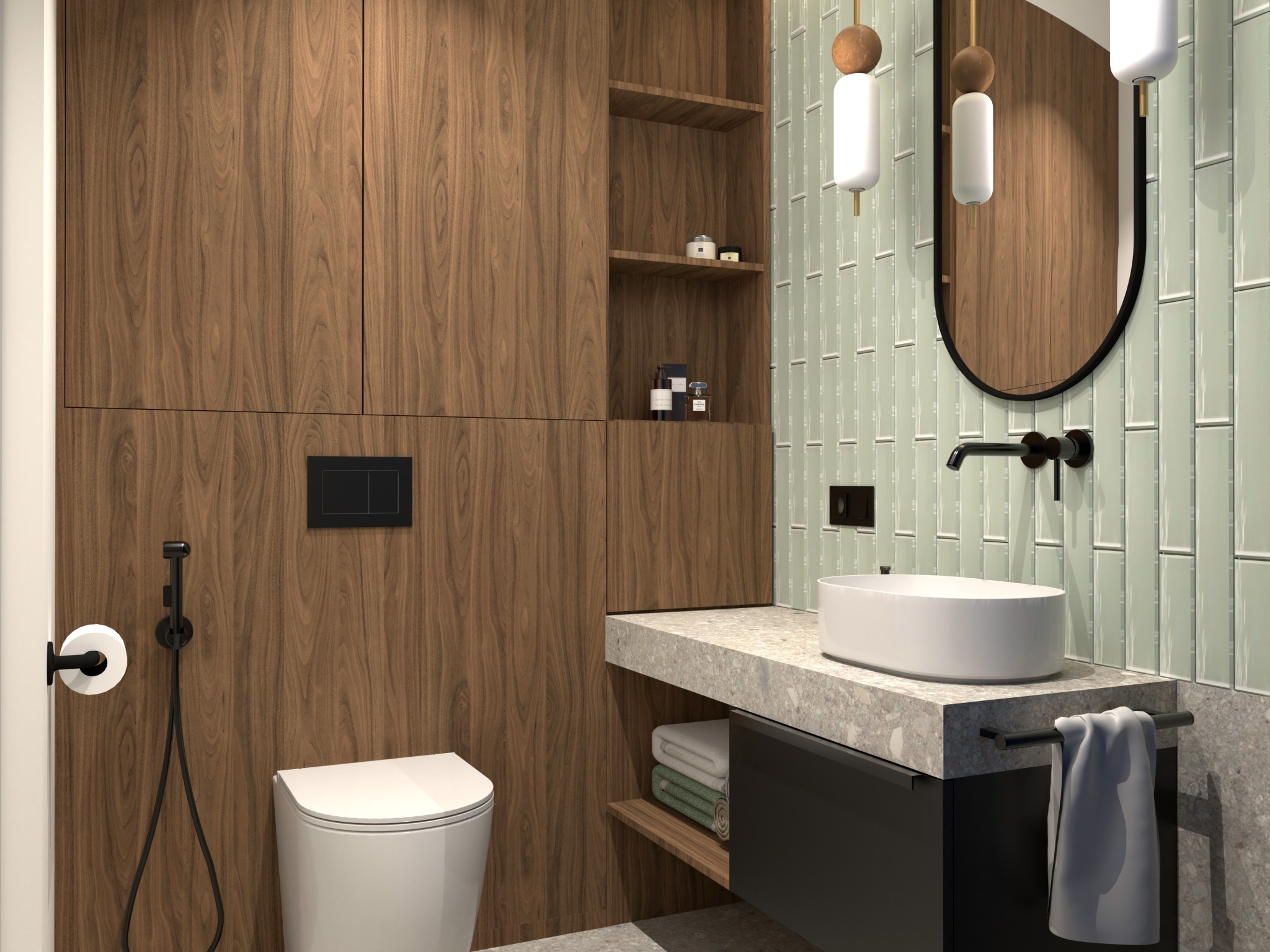 Nowoczesna łazienka z drewnianą zabudową, owalnym lustrem i umywalką nablatową. Jasne płytki na ścianie i minimalistyczna armatura w czarnym macie.