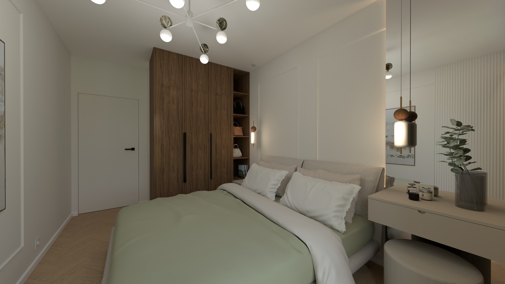 Nowoczesna sypialnia z łóżkiem w pistacjowej pościeli, drewnianą szafą i toaletką z dekoracjami. Lampy sufitowe w stylu art deco.