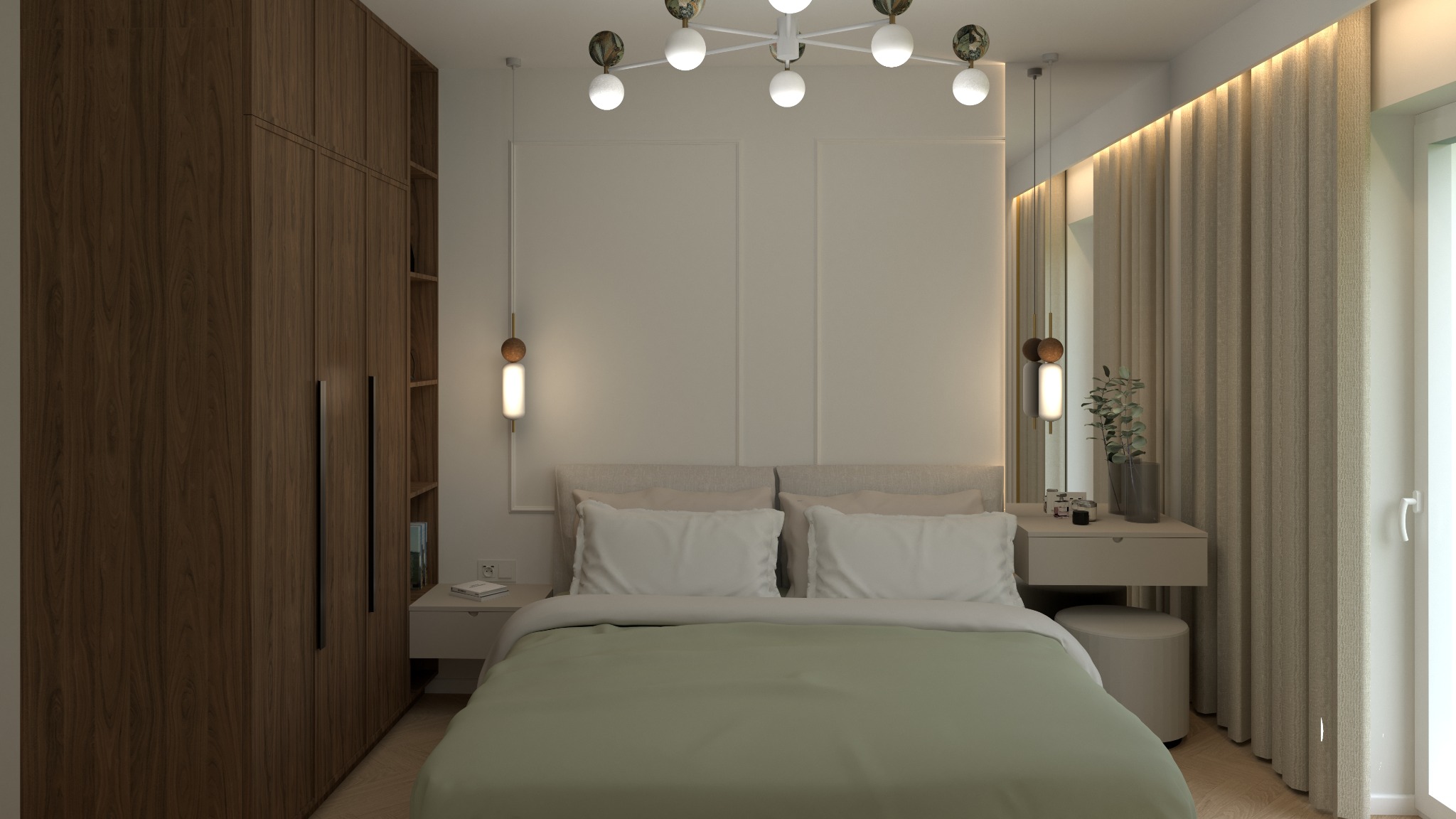 Nowoczesna sypialnia z drewnianą szafą, beżowymi zasłonami i minimalistycznym oświetleniem. Jasne wnętrze z zieloną narzutą i rośliną na szafce nocnej.