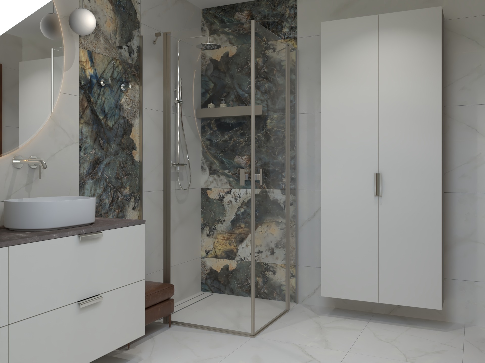 Nowoczesna łazienka z kabiną prysznicową, umywalką na szafce i wysoką szafką. Marmurowe płytki z niebieskimi żyłami dodają elegancji. Minimalistyczny design.