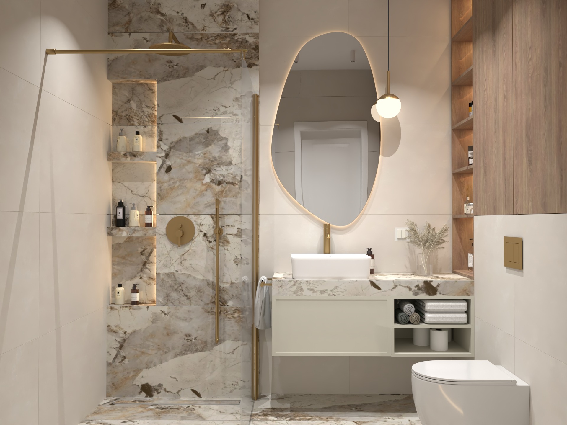 Elegancka łazienka z kabiną prysznicową typu walk-in, marmurowymi płytkami i złotymi akcentami. Umywalka nablatowa, owalne lustro z podświetleniem LED i drewniane szafki.