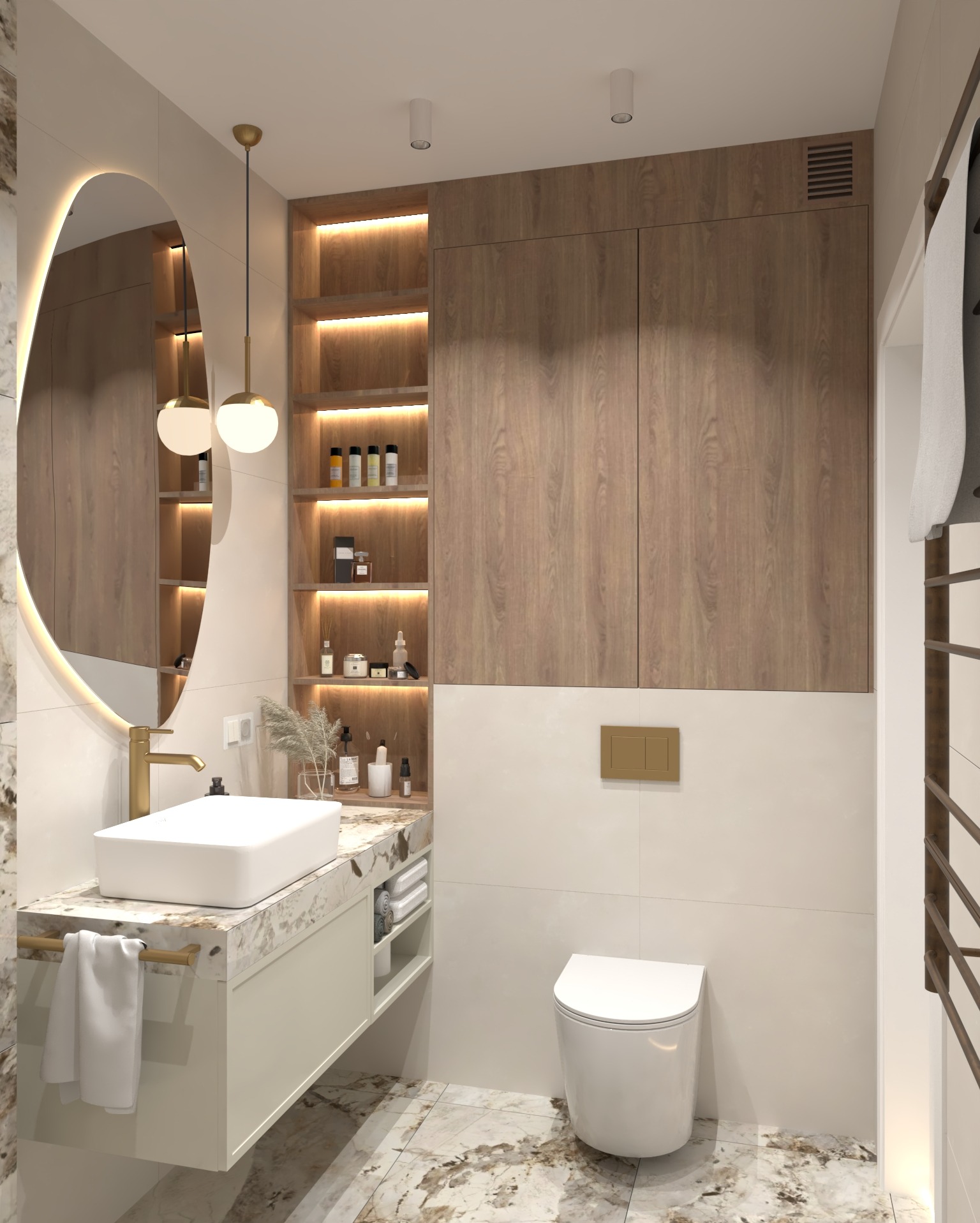 Nowoczesna łazienka z owalnym lustrem z podświetleniem LED, drewnianymi szafkami i marmurową podłogą. Umywalka nablatowa, złota armatura i minimalistyczna toaleta.