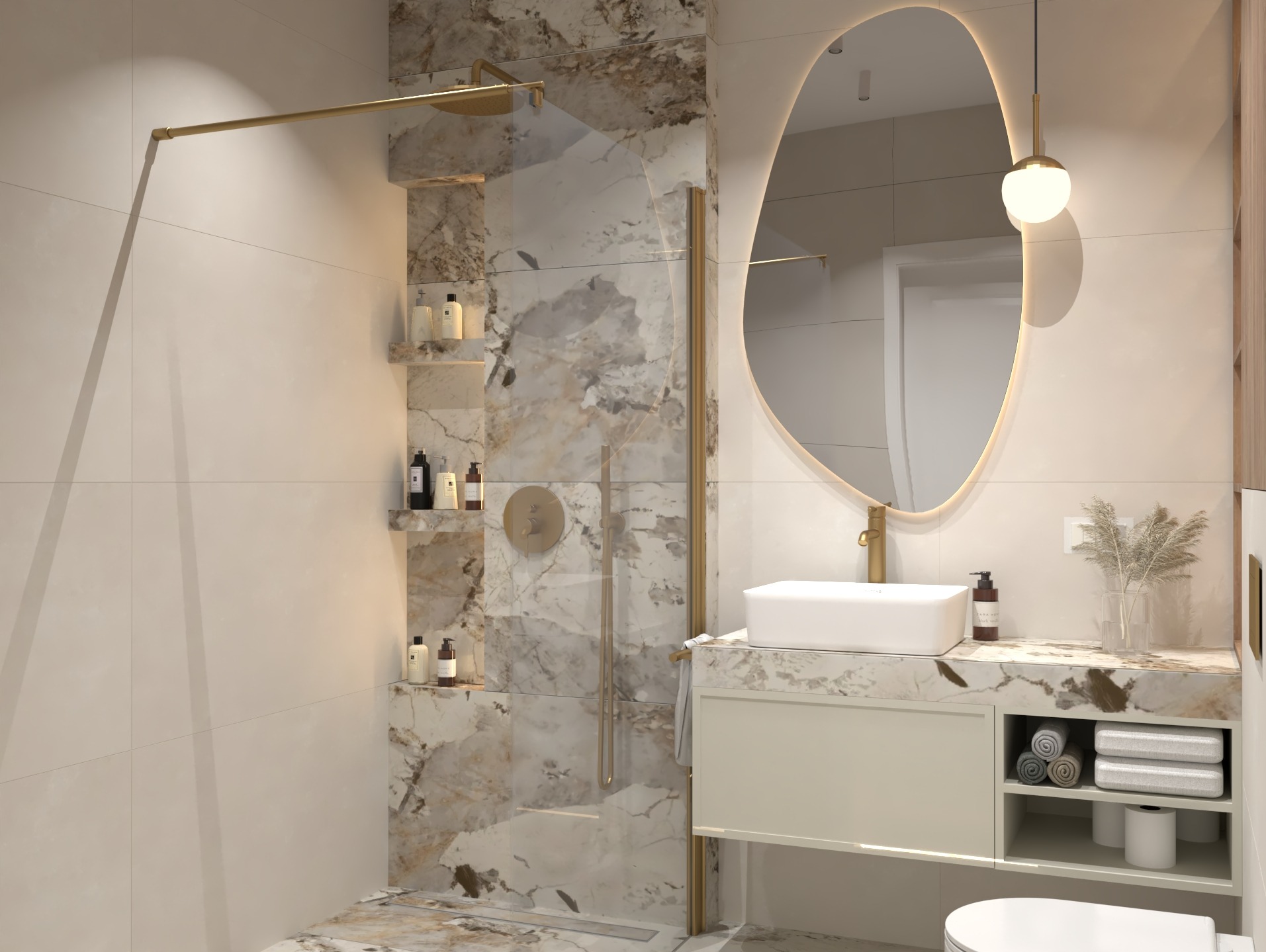 Elegancka aranżacja łazienki w Dobra z kabiną typu walk-in, marmurowymi płytkami i owalnym lustrem z podświetleniem. Nowoczesny design z złotymi akcentami.