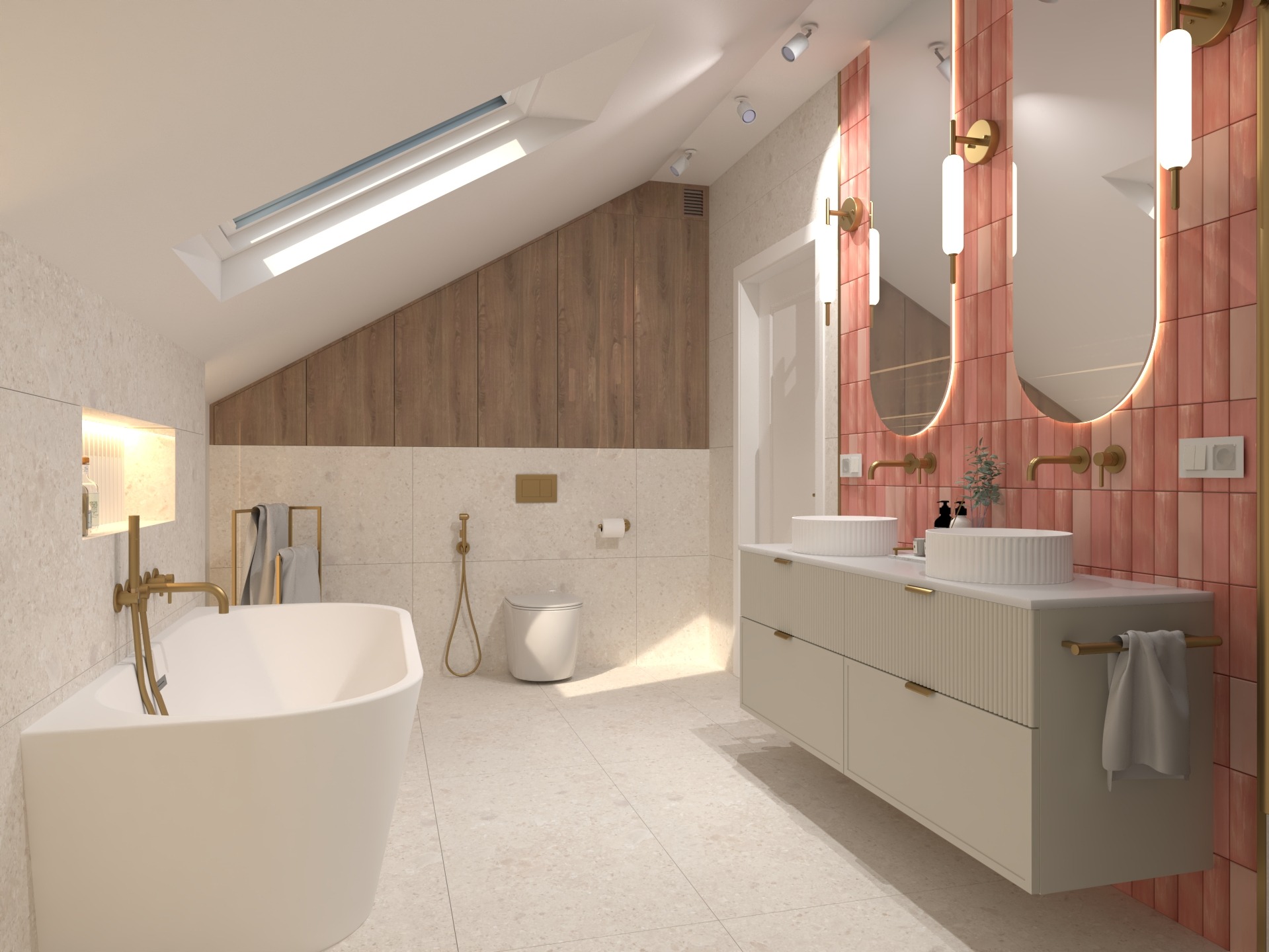 Jasna łazienka na poddaszu z drewnianą ścianą, owalnymi lustrami z podświetleniem LED i umywalkami nablatowymi. Armatura w kolorze złotym.