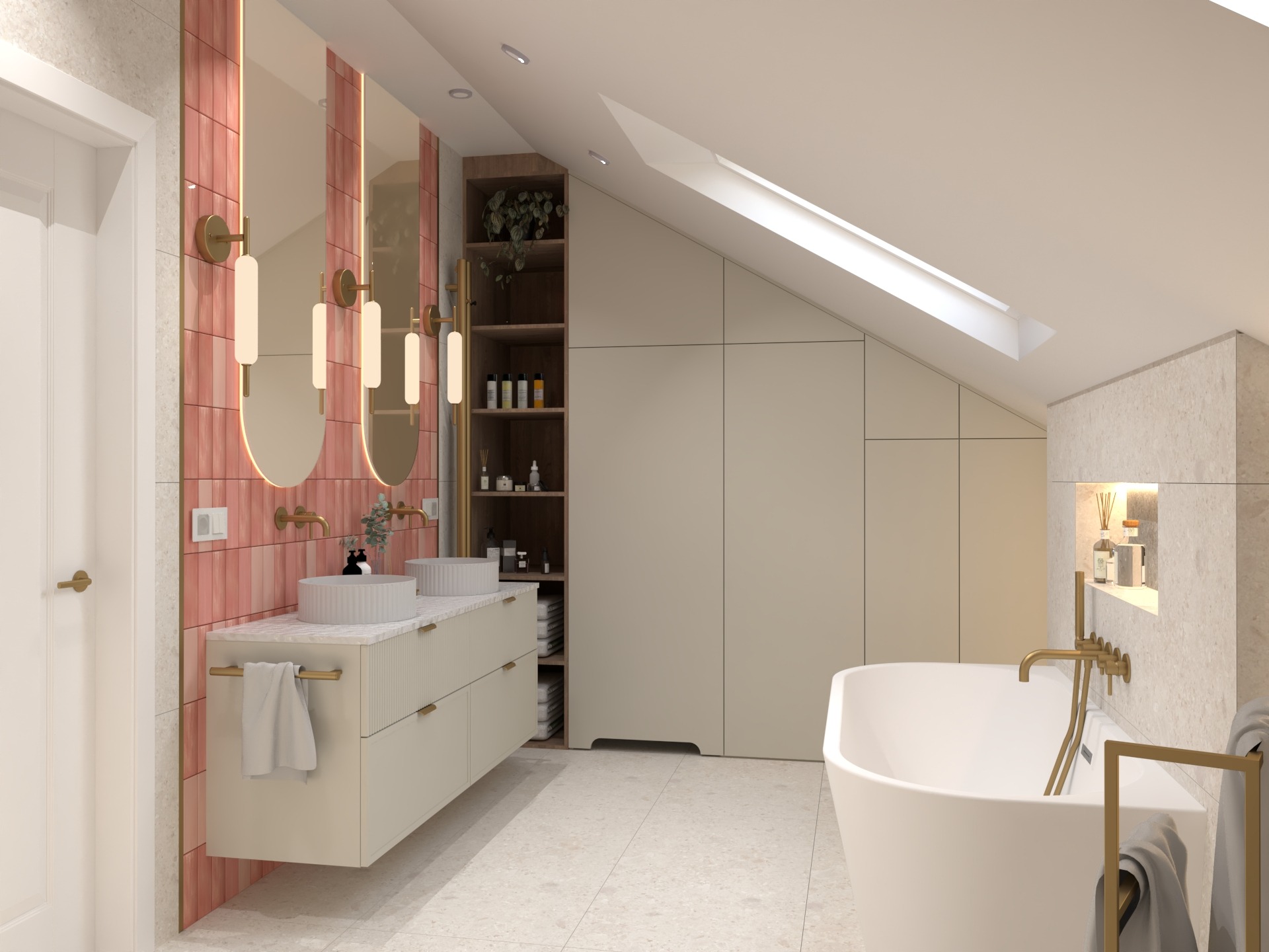 Jasna łazienka na poddaszu z wanną, umywalkami nablatowymi i różową mozaiką. Uwagę przykuwają złote baterie i oświetlenie. Nowoczesny design.
