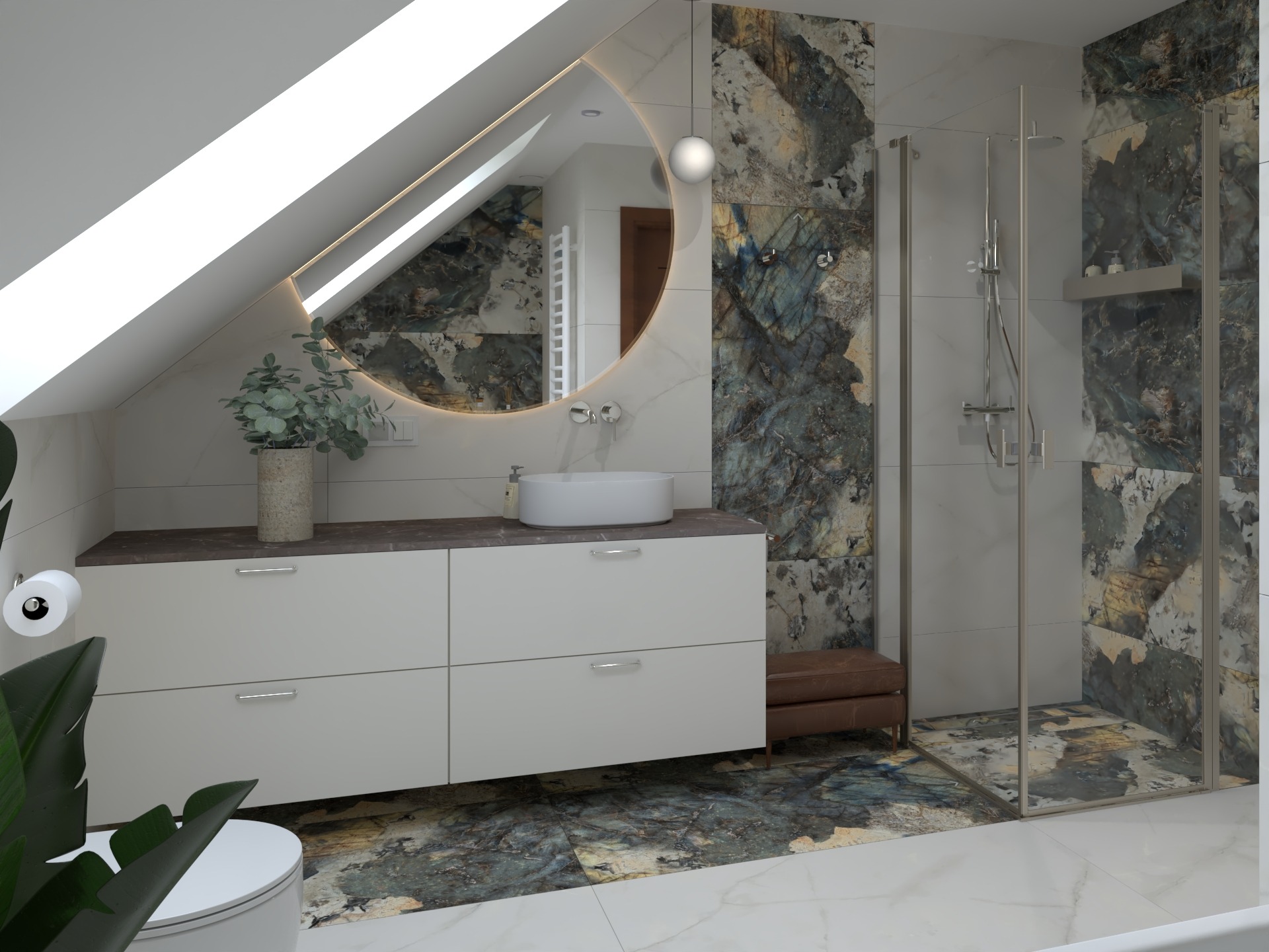 Wizualizacja łazienki na poddaszu z kabiną prysznicową, umywalką nablatową i dużym okrągłym lustrem z podświetleniem. Uwagę przykuwają płytki imitujące marmur.