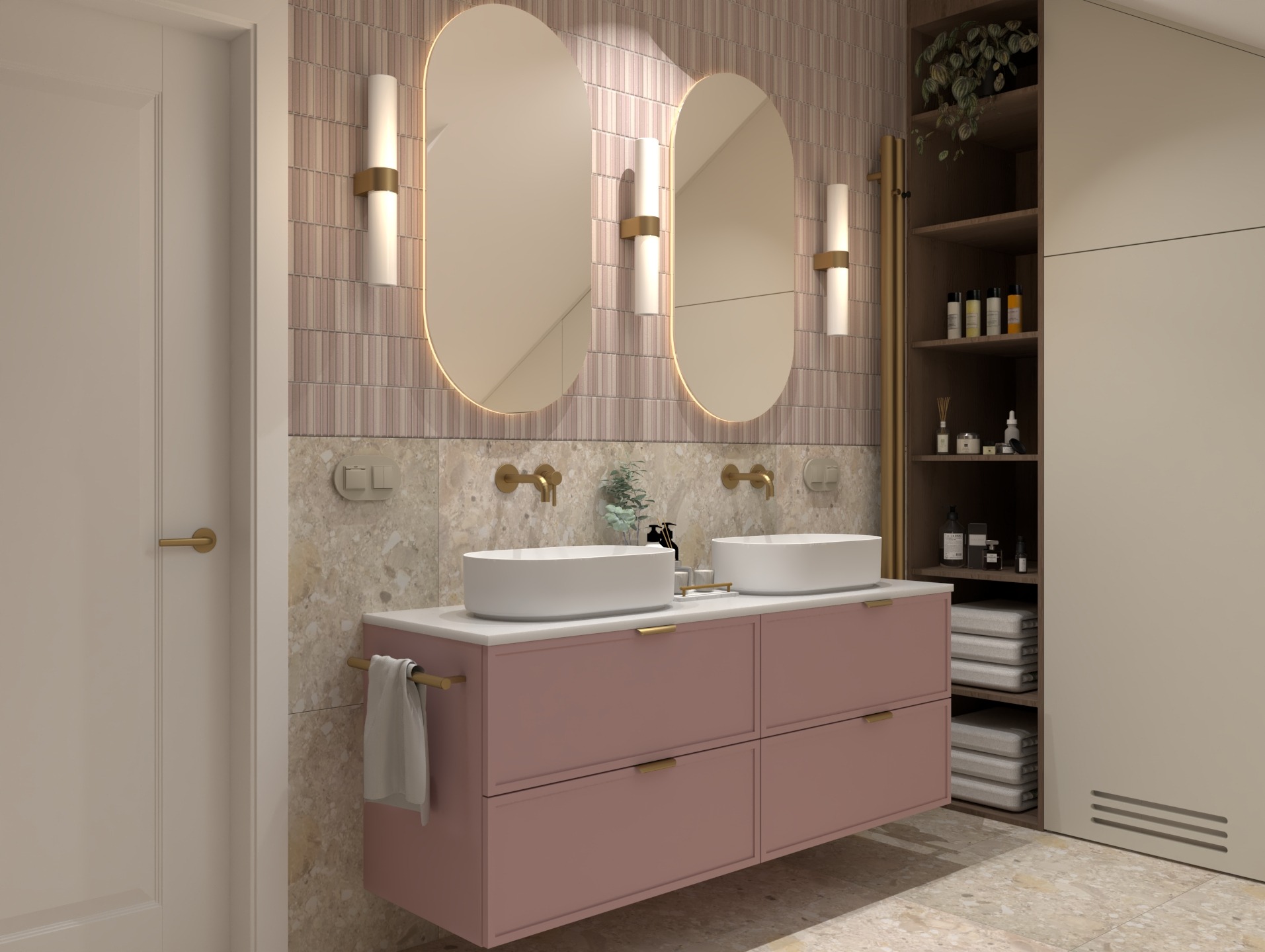 Nowoczesna łazienka z podwójną umywalką na różowej szafce, owalne lustra z podświetleniem LED, złota armatura i beżowe płytki. Minimalistyczny design.