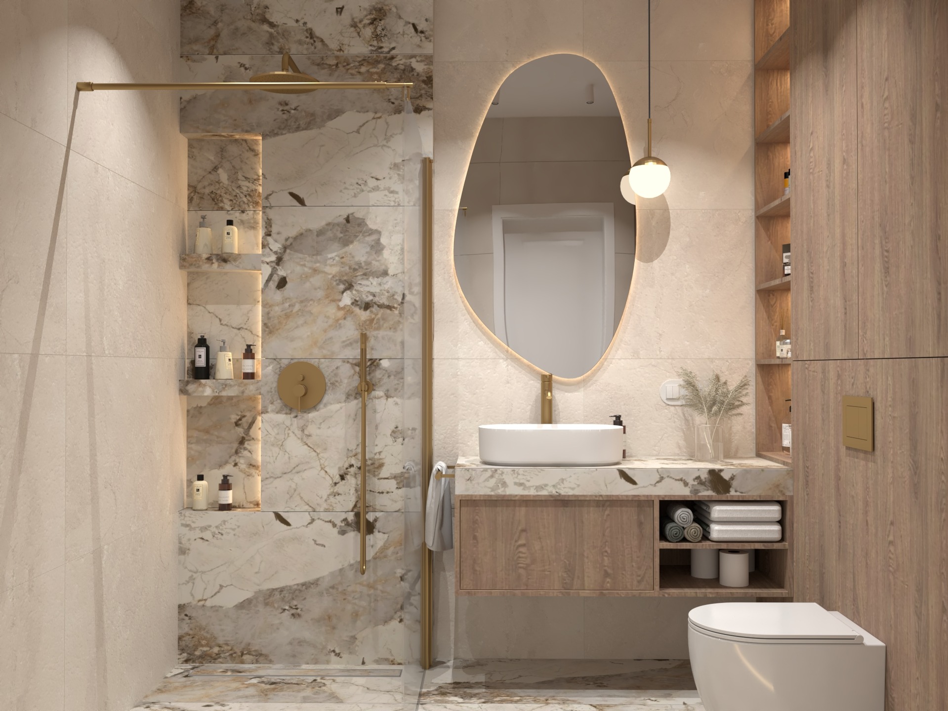 Elegancka łazienka z kabiną prysznicową typu walk-in, umywalką nablatową i lustrem z podświetleniem LED. Marmurowe płytki i złote akcenty dodają luksusowego charakteru.