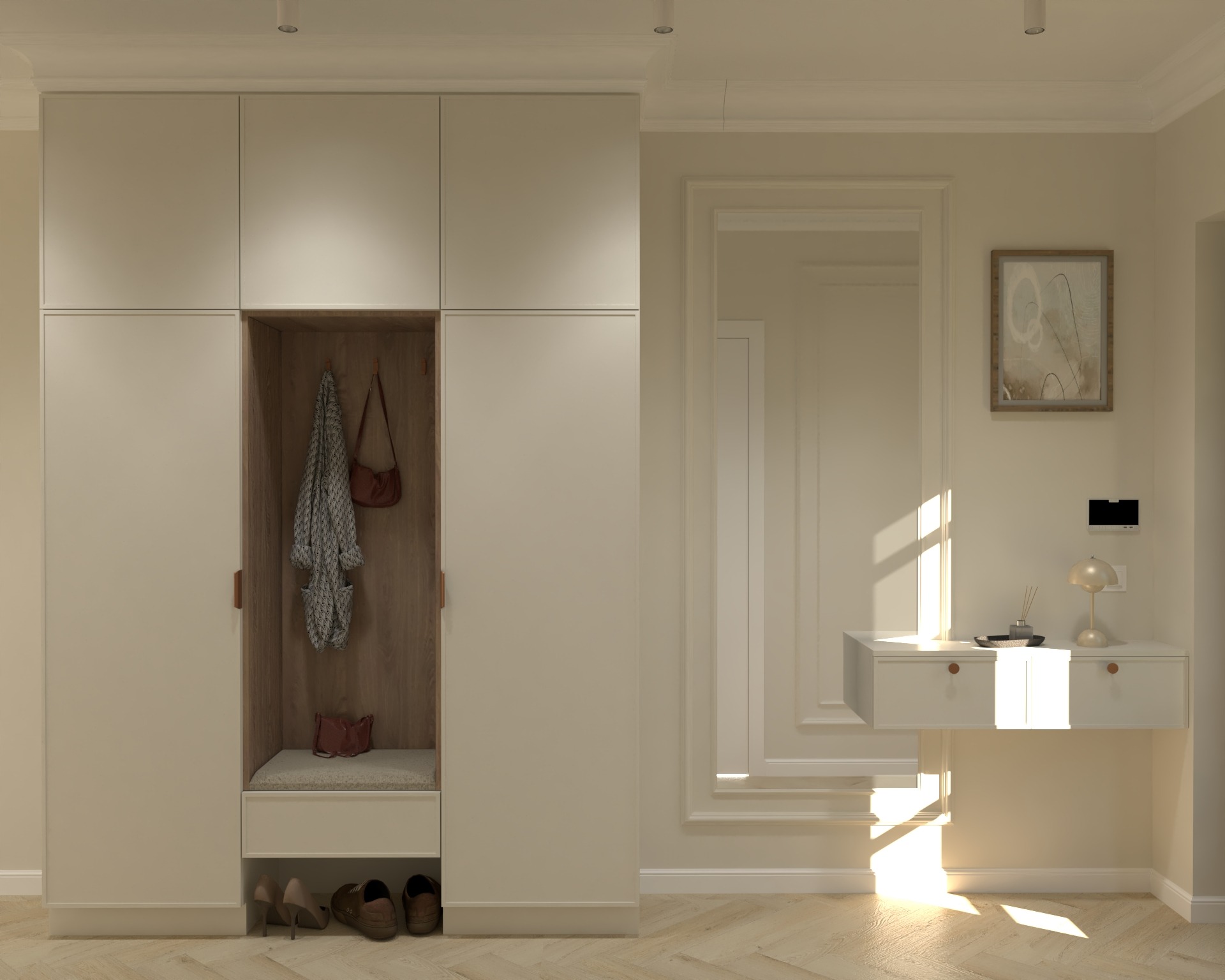 Jasna zabudowa przedpokoju z siedziskiem i wieszakami, uzupełniona o konsolę z lustrem i lampką. Parkiet w jodełkę, neutralna kolorystyka.
