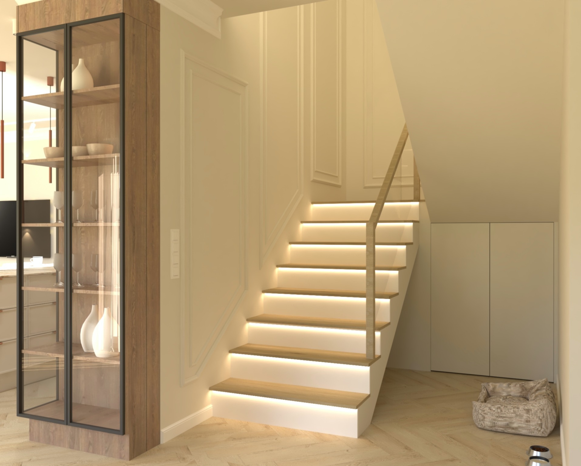 Nowoczesne schody z podświetleniem LED i przeszklona witryna z dekoracjami w jasnym wnętrzu. Parkiet w jodełkę. Minimalistyczny design.