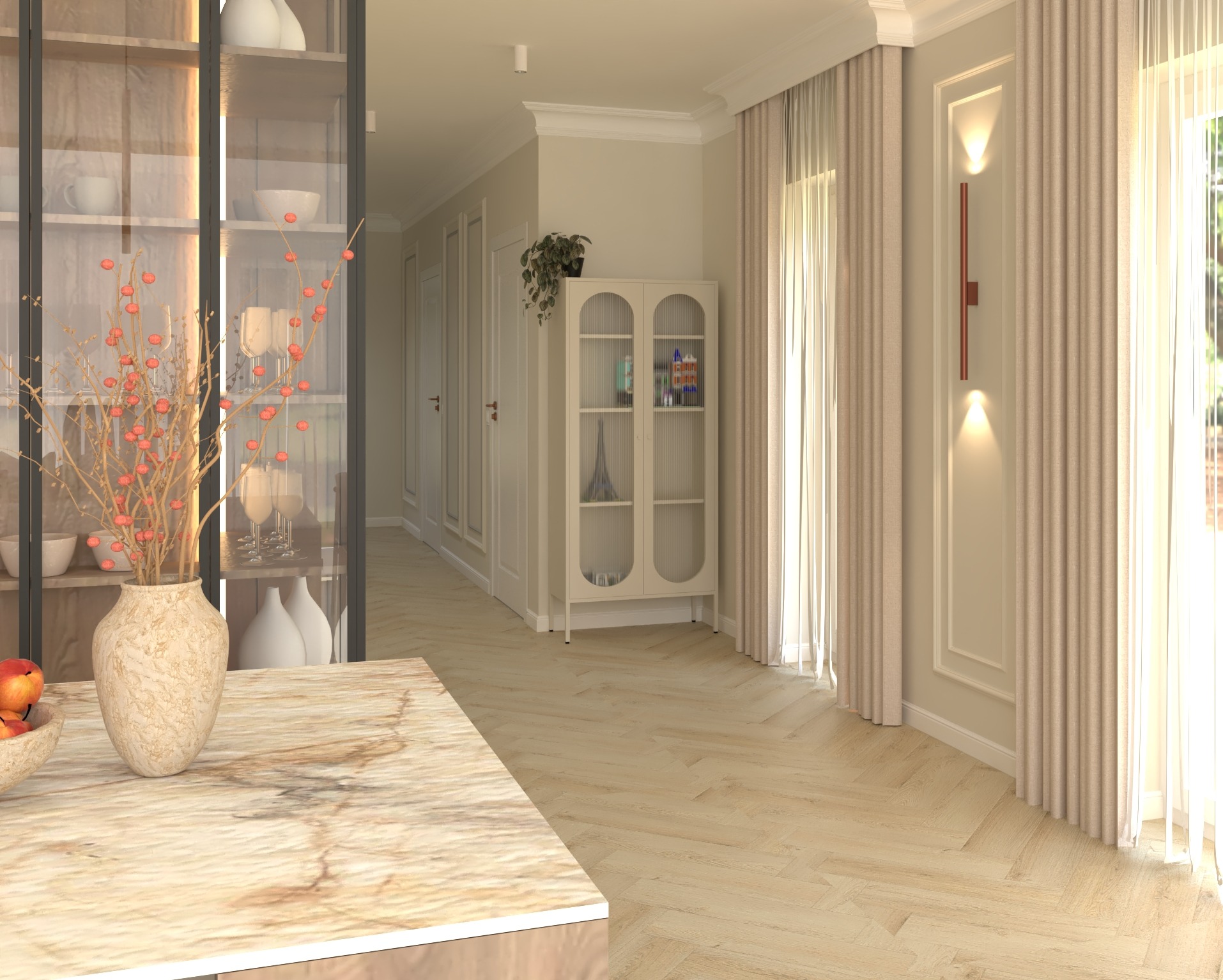 Eleganckie wnętrze z parkietem w jodełkę, przeszkloną witryną i marmurowym blatem. Wazon z gałązkami i owocami dodaje ciepła. Stonowana kolorystyka i naturalne światło.
