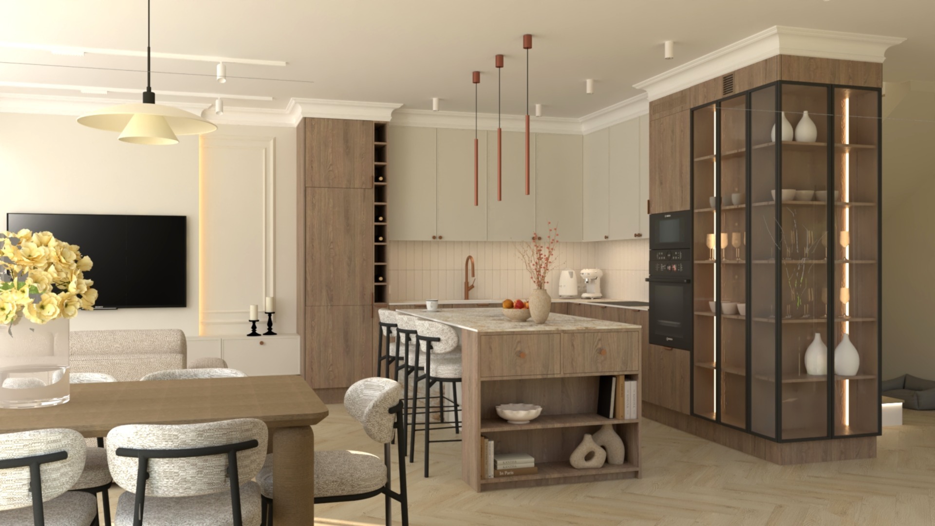 Elegancka aranżacja wnętrza: salon z kuchnią w beżach i brązach. Wyspa kuchenna z hokerami, stół z krzesłami, przeszklona witryna z oświetleniem LED.