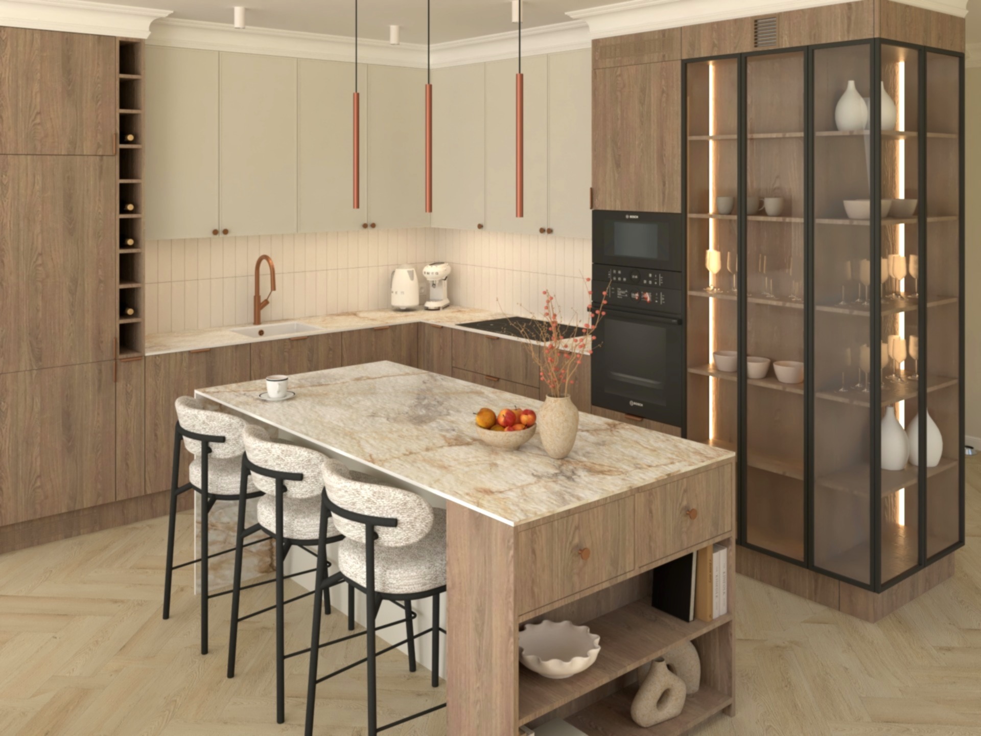 Nowoczesna kuchnia z wyspą i hokerami, drewniane szafki, przeszklona witryna, oświetlenie punktowe, minimalistyczny design, ciepła kolorystyka, parkiet w jodełkę.