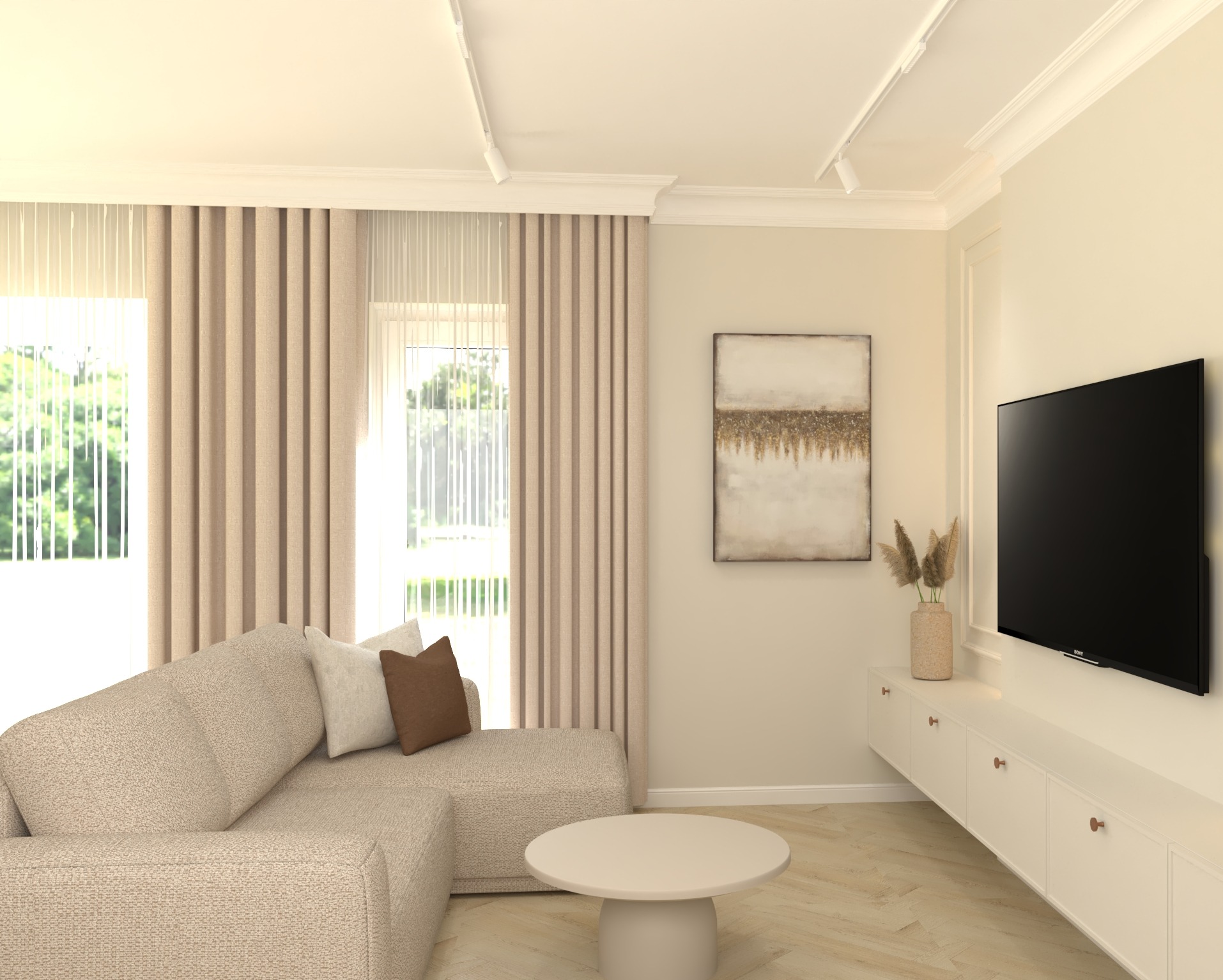 Jasny salon z beżową sofą narożną, okrągłym stolikiem kawowym i telewizorem na ścianie. Neutralna kolorystyka, minimalistyczny design, subtelne oświetlenie punktowe.
