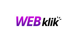 Fioletowo-czarne logo Webklik na białym tle. Gradientowy napis 'WEB' i 'klik' z gwiazdką zamiast kropki nad 'i'. Nowoczesny branding firmy.
