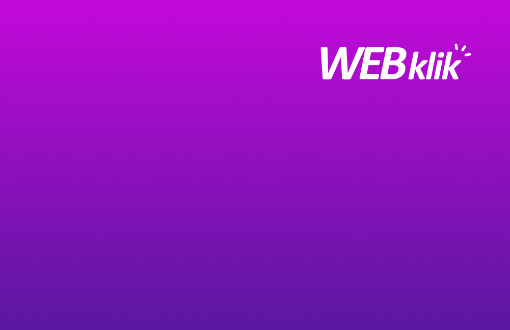 Logo 'WEBklik' w kolorze białym, umieszczone w prawym górnym rogu na fioletowym tle z gradientem. Minimalistyczny design, nowoczesna typografia.